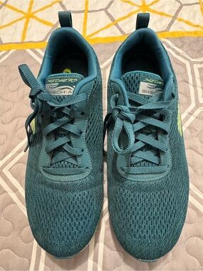 Skechers Teal Knit Lace-Up Sneakers with Lime Accent